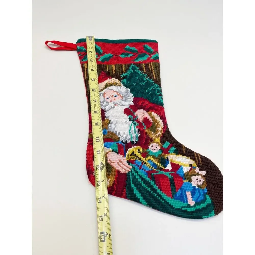 Vintage Needlepoint Wool Christmas Stocking Santa Bag of Toys
